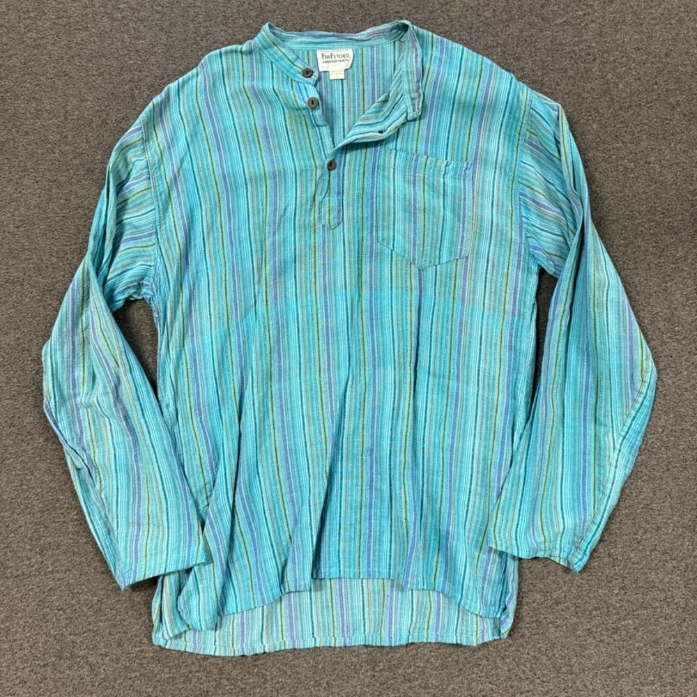 Far Fetched Henley Shirt Mens XL Blue Good Striped Cotton Handmade Nepal